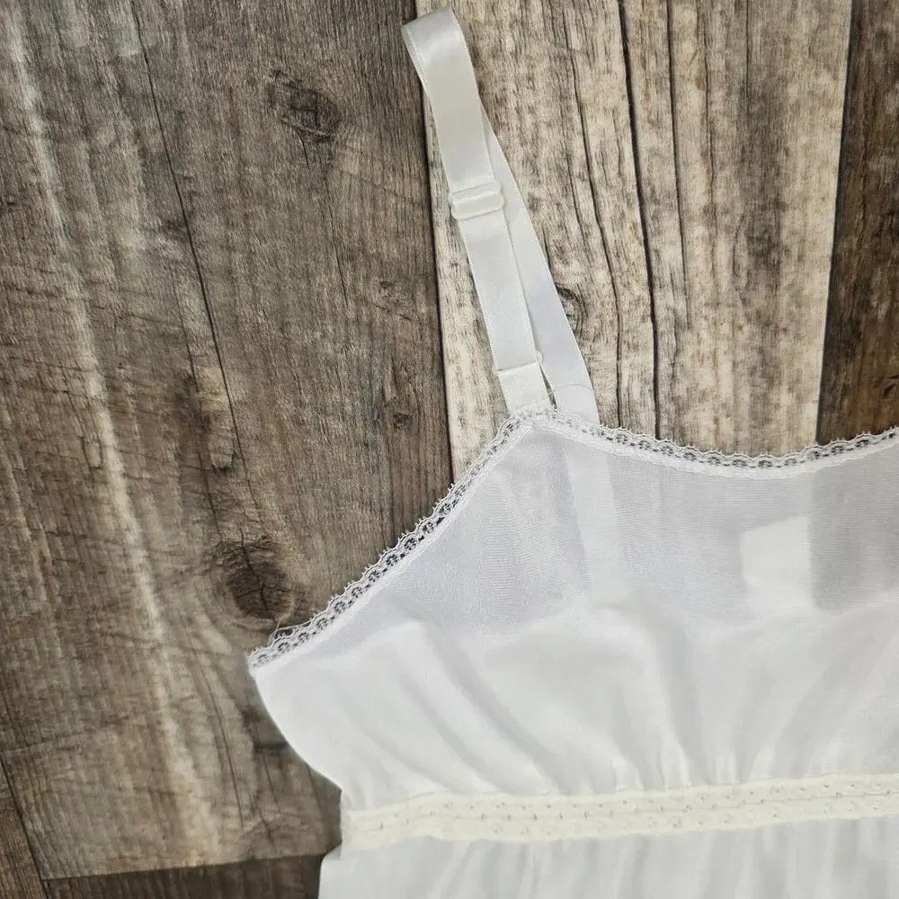 Vintage White Girls Slip Dress Lace Trim Full Slip Petticoat Size 10-12